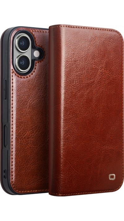 iPhone 16 Case Hülle - Qialino Flip Classic Wallet Echtleder - Braun