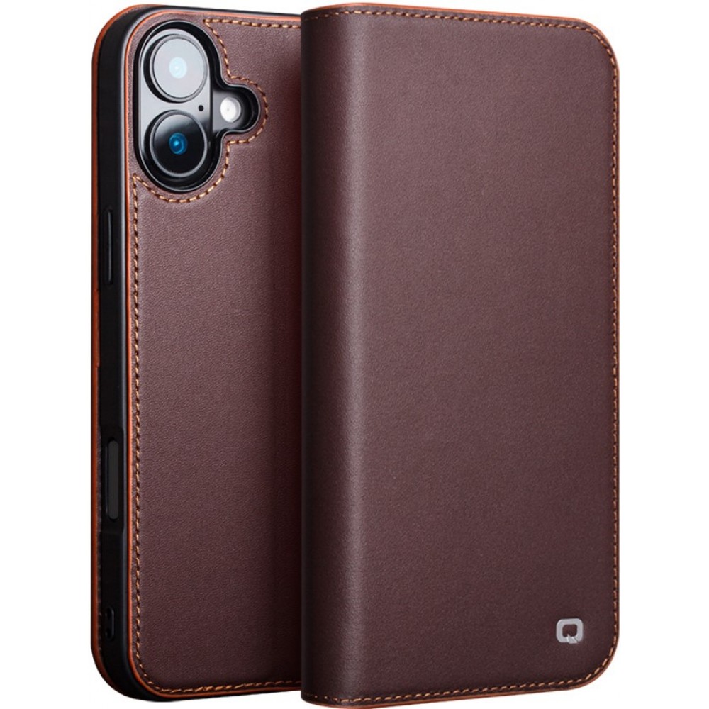 Fourre iPhone 16 - Flip Qialino Matt Wallet cuir véritable - Brun