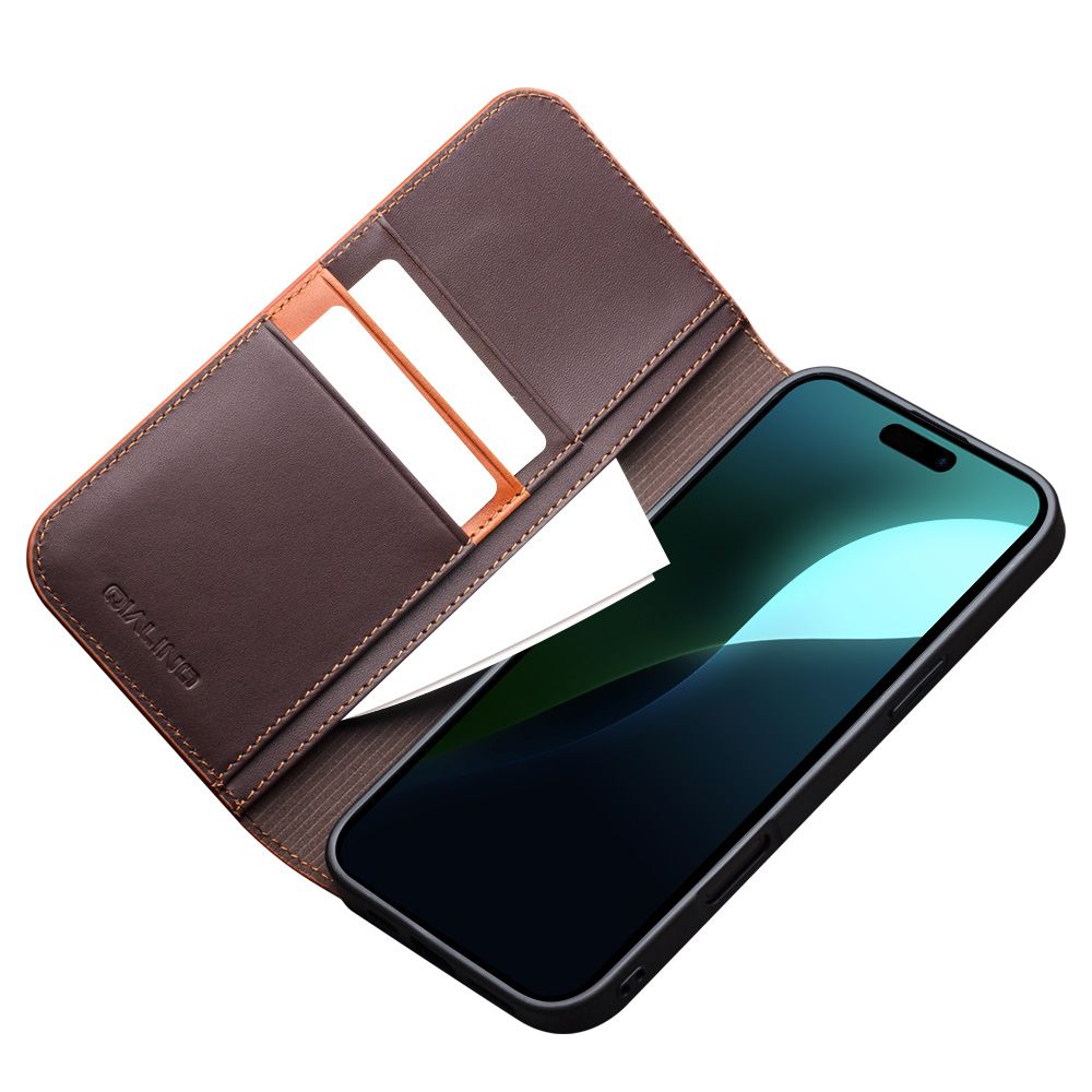 iPhone 16 Case Hülle - Qialino Flip Matt Wallet Echtleder - Braun