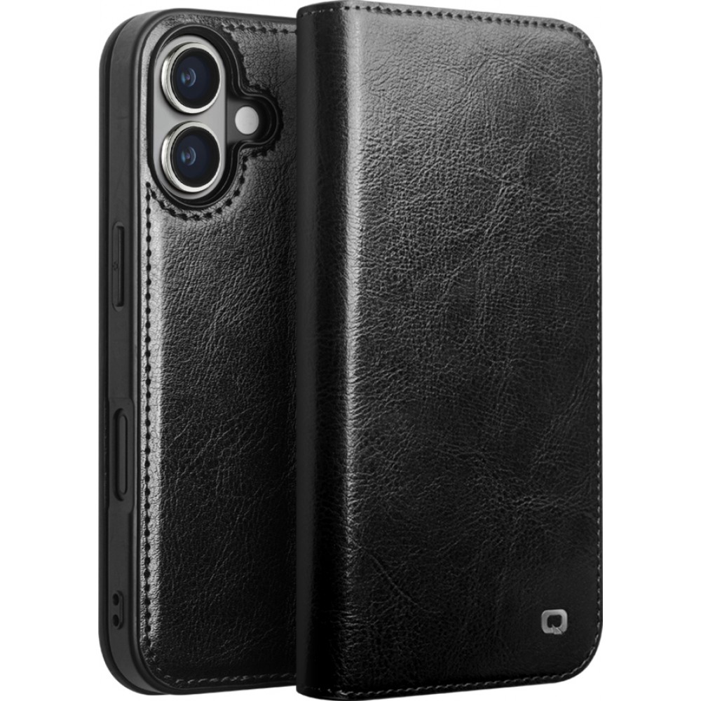 Fourre iPhone 16 - Flip Qialino Classic Wallet cuir véritable - Noir