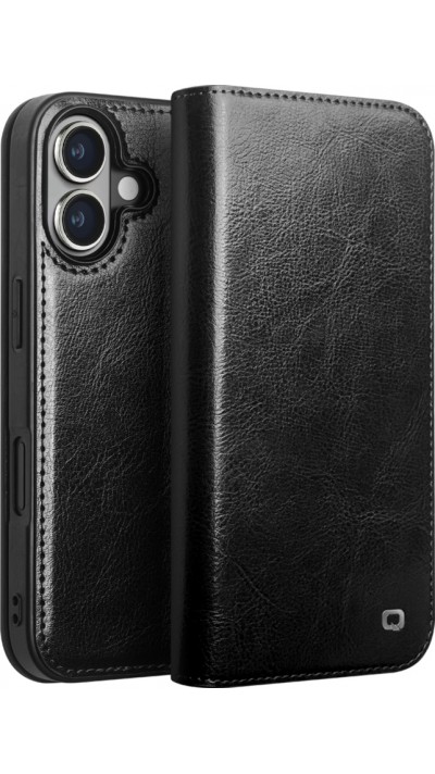 Fourre iPhone 16 - Flip Qialino Classic Wallet cuir véritable - Noir