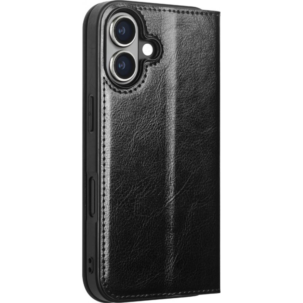 Fourre iPhone 16 Plus - Flip Qialino Classic Wallet cuir véritable - Noir