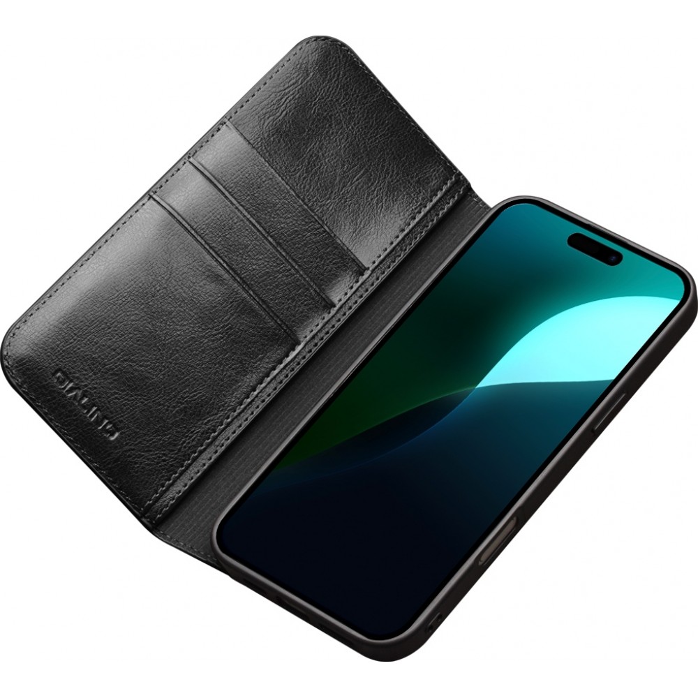 Fourre iPhone 16 Plus - Flip Qialino Classic Wallet cuir véritable - Noir