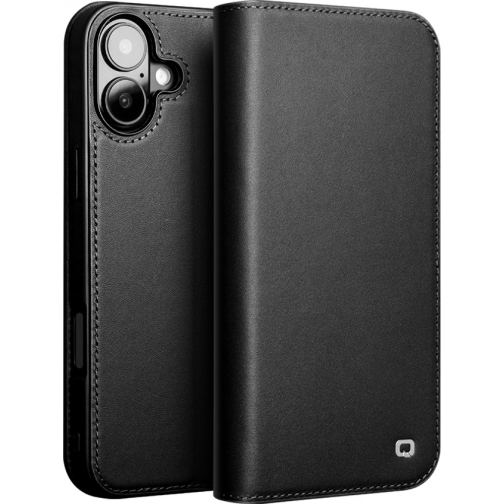 Fourre iPhone 16 Plus - Flip Qialino Matt Wallet cuir véritable - Noir