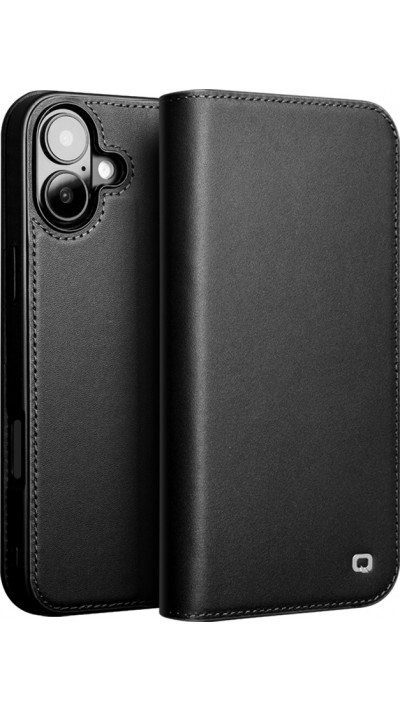 iPhone 16 Plus Case Hülle - Qialino Flip Matt Wallet Echtleder - Schwarz