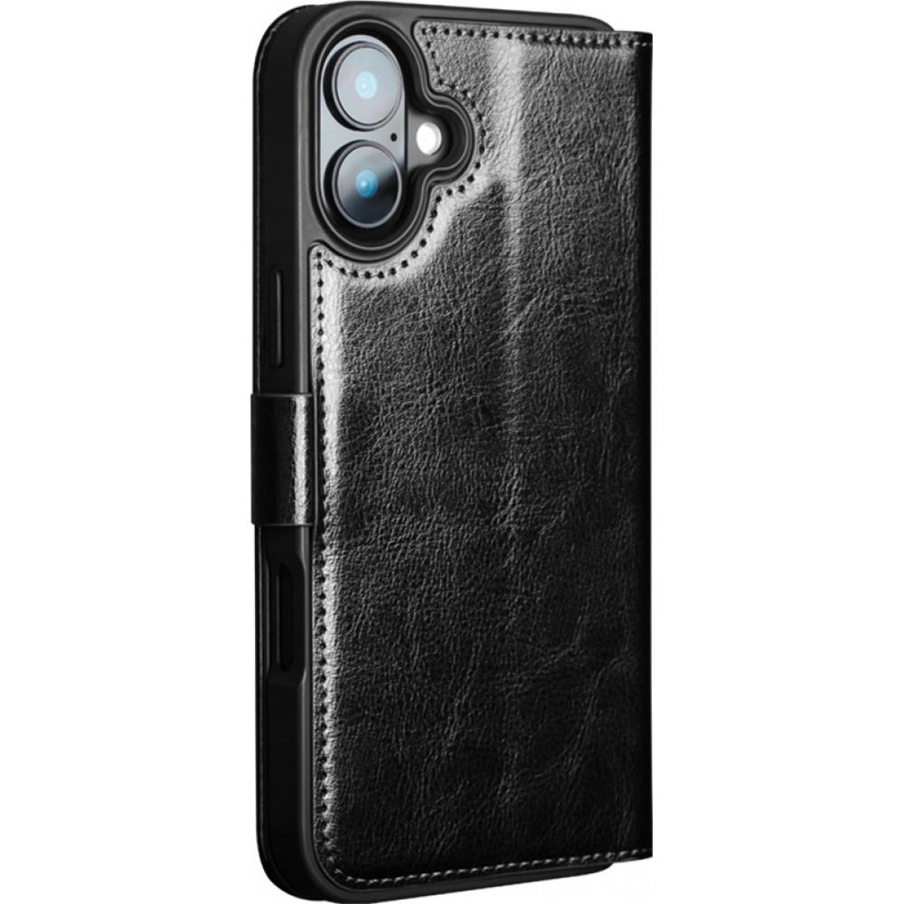 Fourre iPhone 16 - Flip Qialino cuir véritable avec fermeture magnétique - Noir