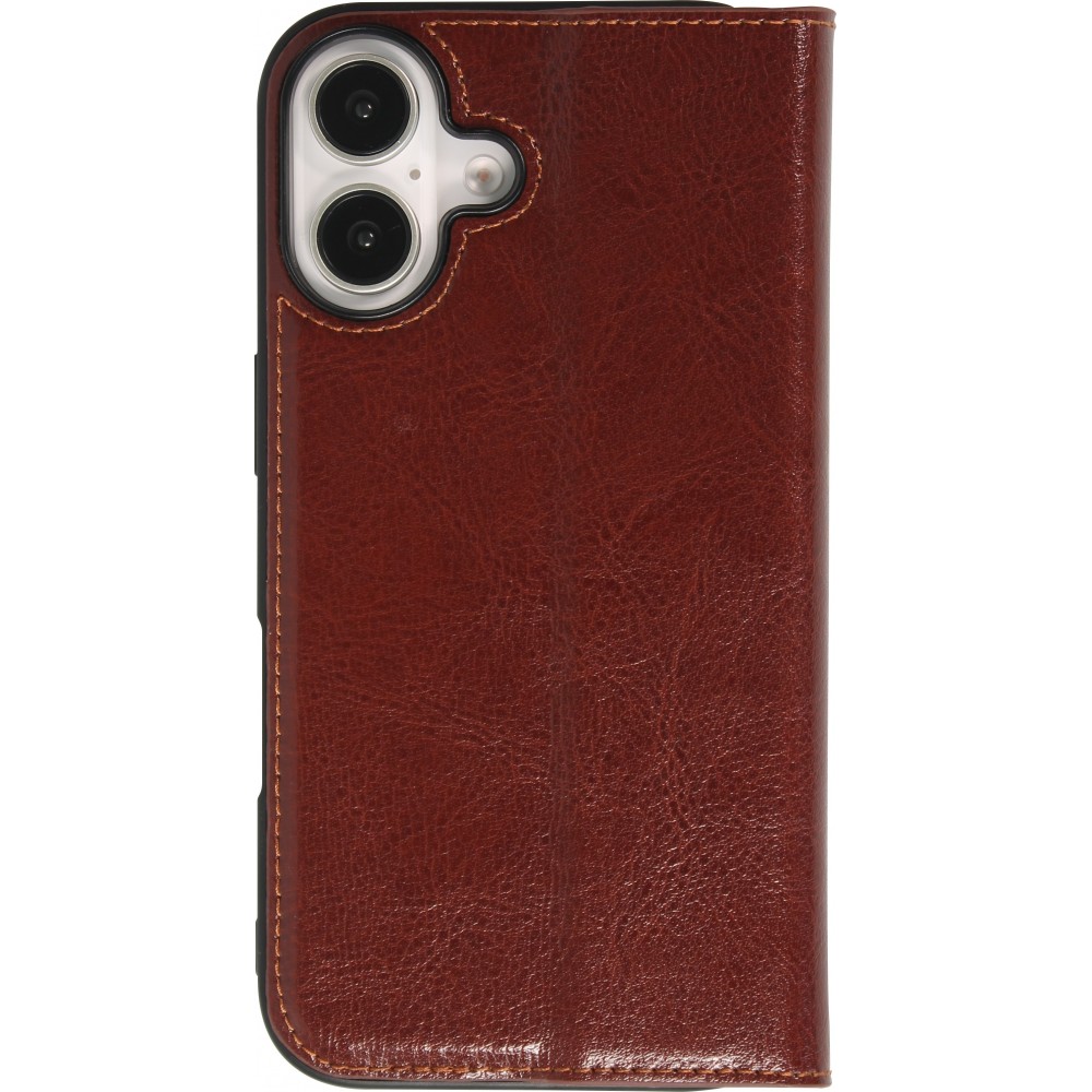 Fourre iPhone 16 Plus - Flip Qialino Classic Wallet cuir véritable - Brun