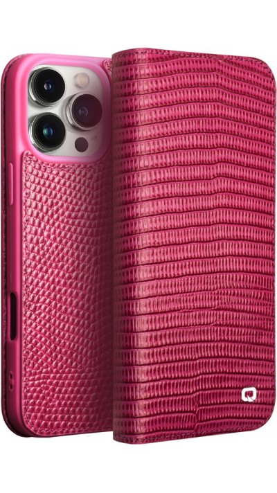 Fourre iPhone 16 Pro - Flip Croco Qialino cuir véritable - Rose