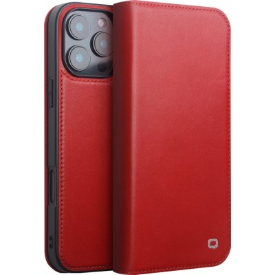 Fourre iPhone 16 Pro - Flip Qialino Matt Wallet cuir véritable - Rouge