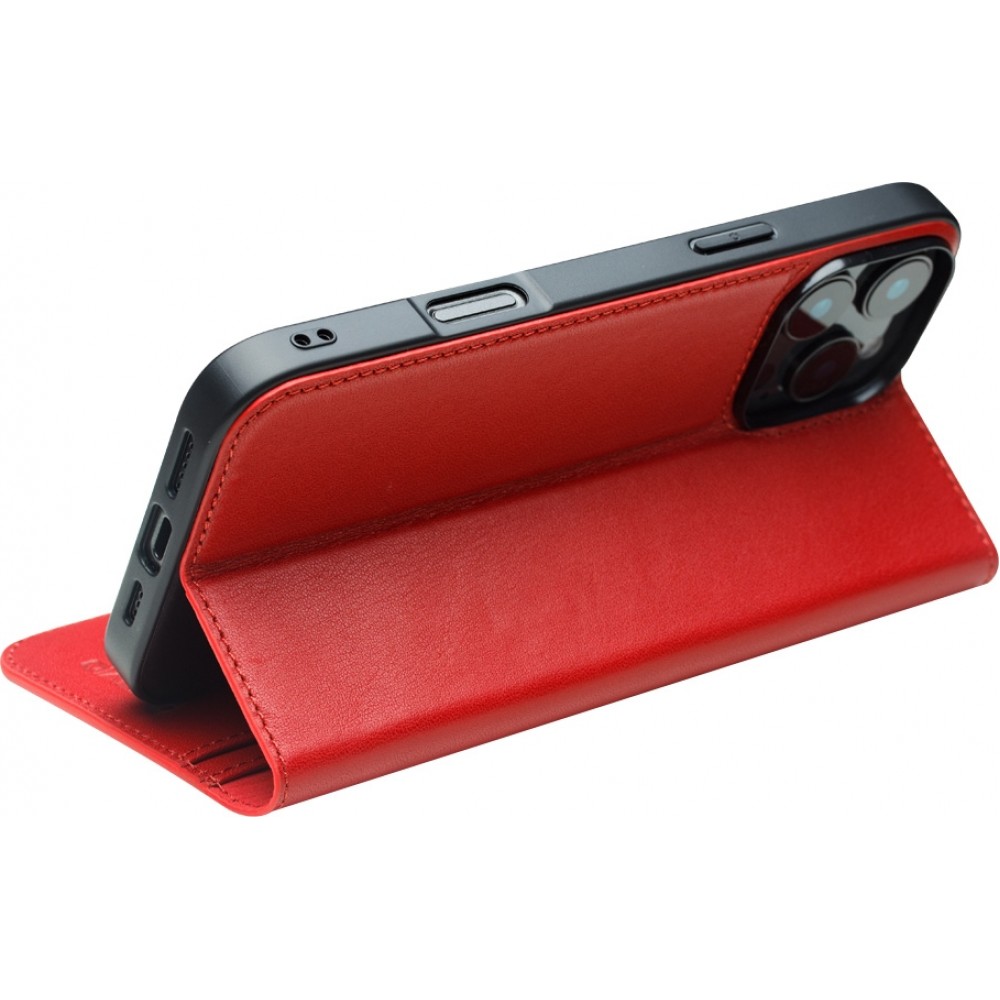 iPhone 16 Pro Case Hülle - Qialino Flip Matt Wallet Echtleder - Rot