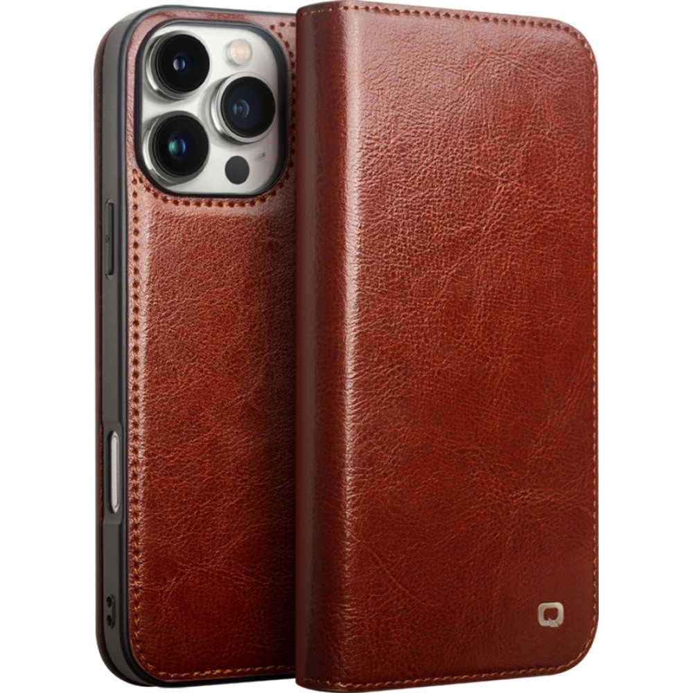 iPhone 16 Pro Case Hülle - Qialino Flip Classic Wallet Echtleder - Braun