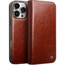 iPhone 16 Pro Max Case Hülle - Qialino Flip Classic Wallet Echtleder - Braun