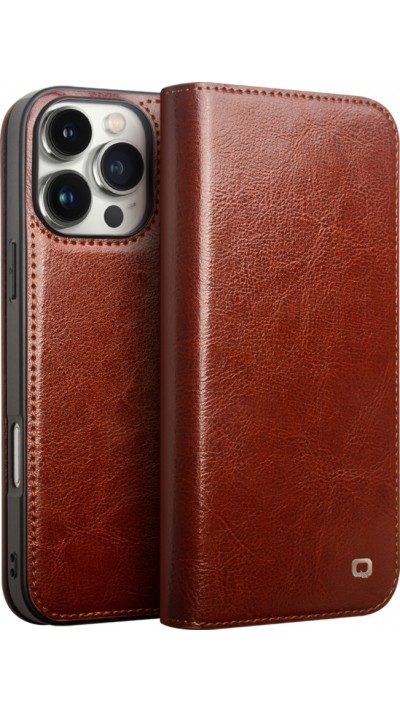 iPhone 16 Pro Case Hülle - Qialino Flip Classic Wallet Echtleder - Braun