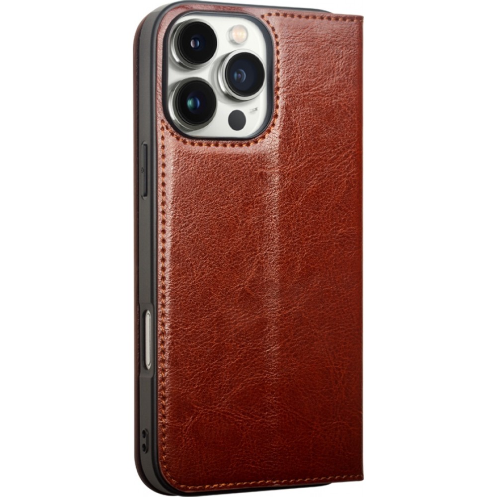 Fourre iPhone 16 Pro - Flip Qialino Classic Wallet cuir véritable - Brun