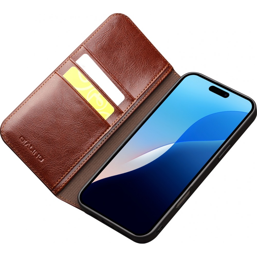 Fourre iPhone 16 Pro Max - Flip Qialino Classic Wallet cuir véritable - Brun