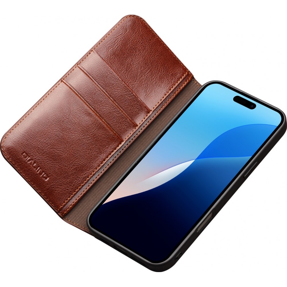 iPhone 16 Pro Max Case Hülle - Qialino Flip Classic Wallet Echtleder - Braun