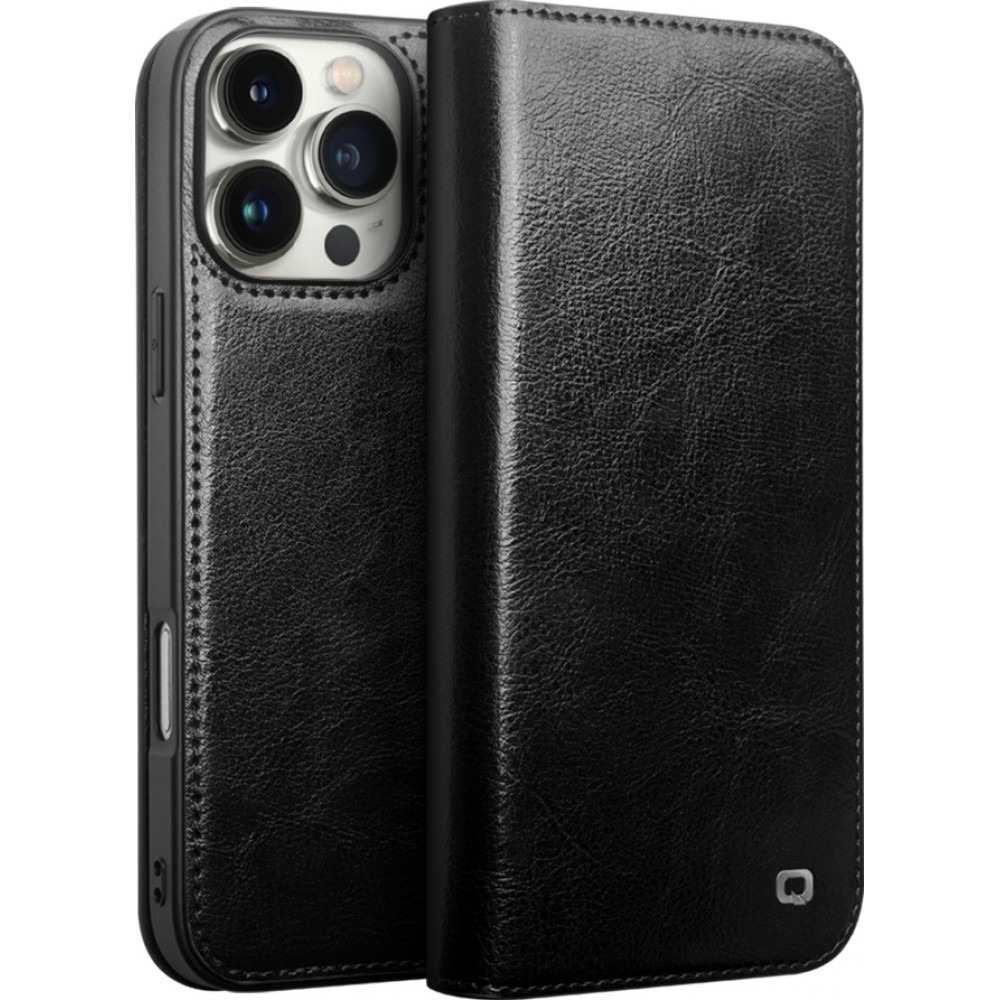 iPhone 16 Pro Case Hülle - Qialino Flip Classic Wallet Echtleder - Schwarz