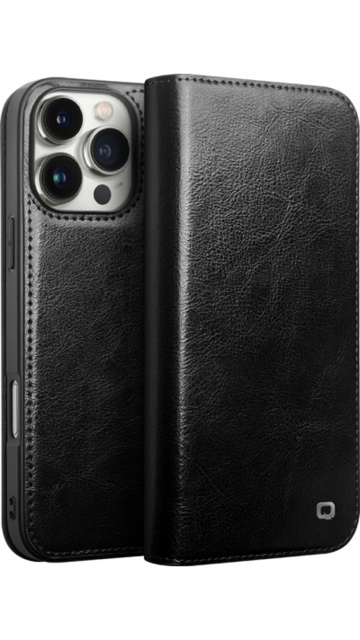 Fourre iPhone 16 Pro - Flip Qialino Classic Wallet cuir véritable - Noir