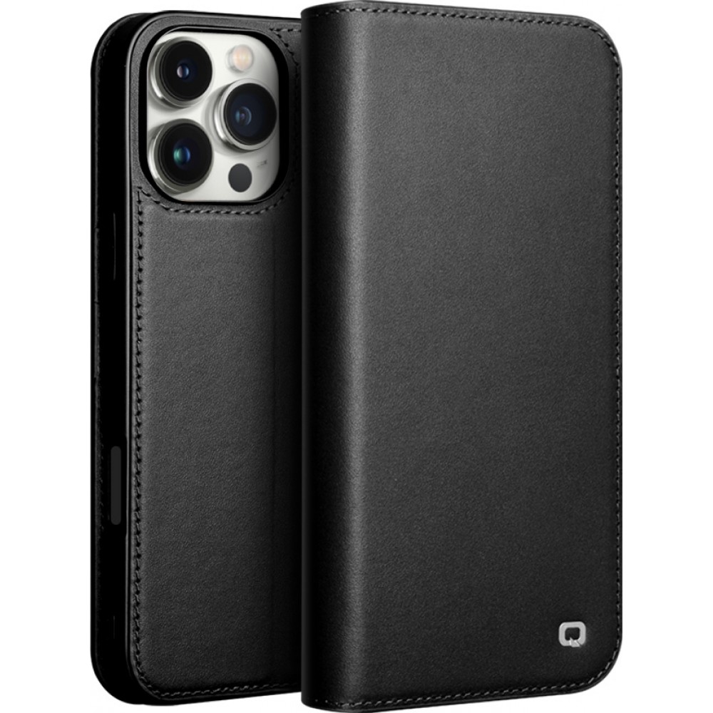 iPhone 16 Pro Max Case Hülle - Qialino Flip Matt Wallet Echtleder - Schwarz