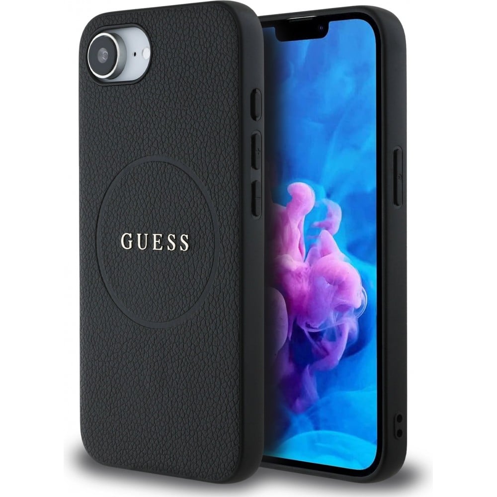 iPhone 16e Case Hülle - Guess Classic Logo MagSafe aus genarbtem Leder - Schwarz