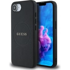 iPhone 16e Case Hülle - Guess Classic Logo MagSafe aus genarbtem Leder - Schwarz