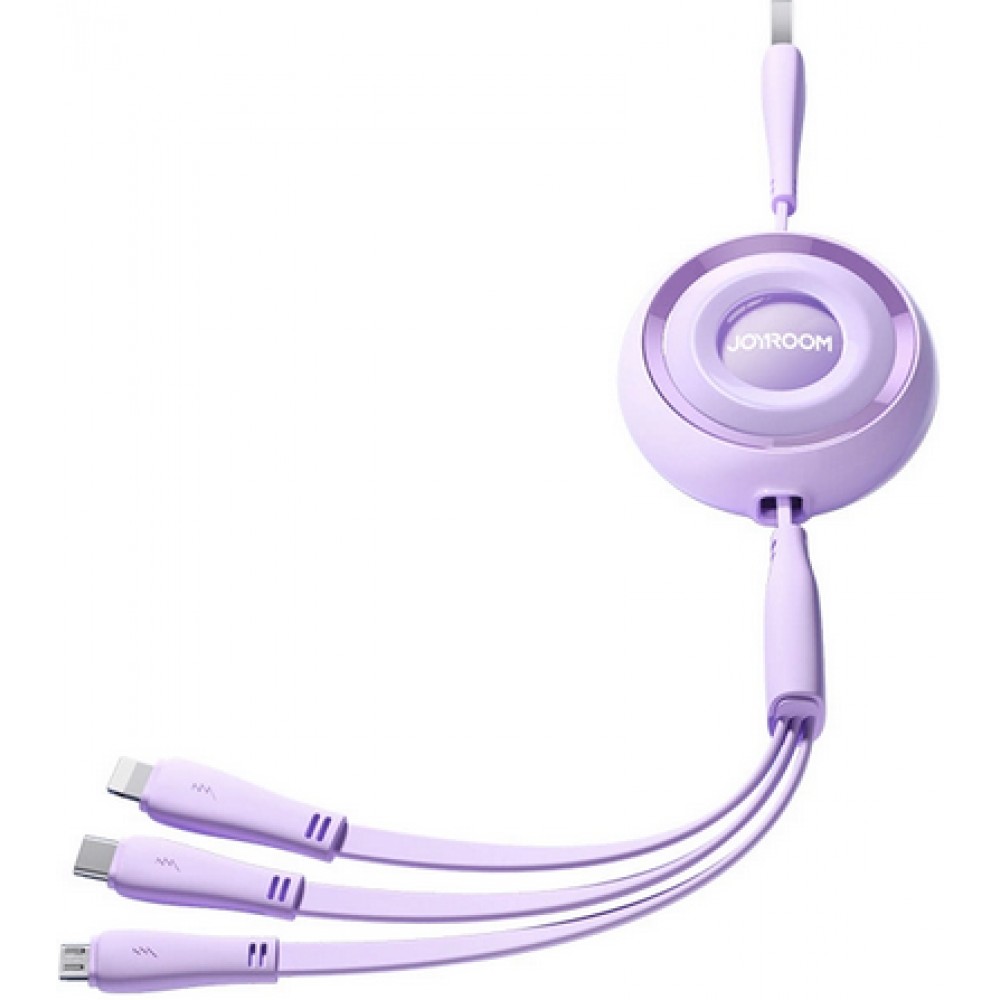 Joyroom 3 en 1 câble rétractable 1m USB-A vers USB-C + Lightning + microUSB - Violet