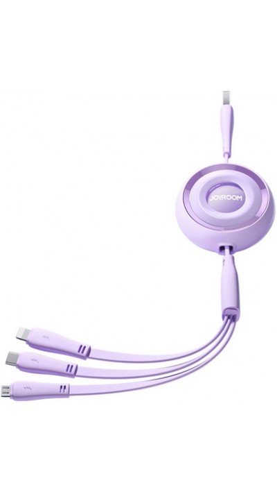 Joyroom 3 in 1 einziehbares Kabel 1m USB-A auf USB-C + Lightning + microUSB - Violett