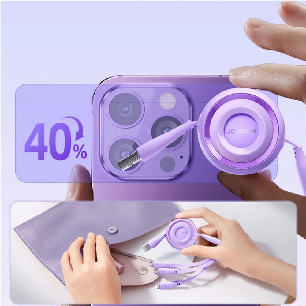 Joyroom 3 en 1 câble rétractable 1m USB-A vers USB-C + Lightning + microUSB - Violet