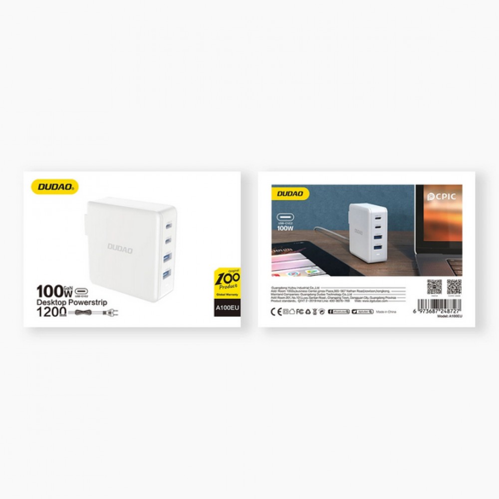 Station de charge GaN 100W Dudao avec 2x USB-C et 2x USB-A - Blanc